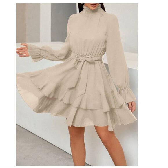 SHEIN Dresses & Skirts - SHEIN Relaxiva Mock Neck Flare Sleeve Layer Hem Belted Boho Dress Size M